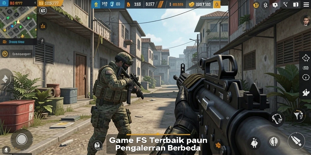 Screenshot menunjukkan aksi tembak-menembak intens dalam game FPS.