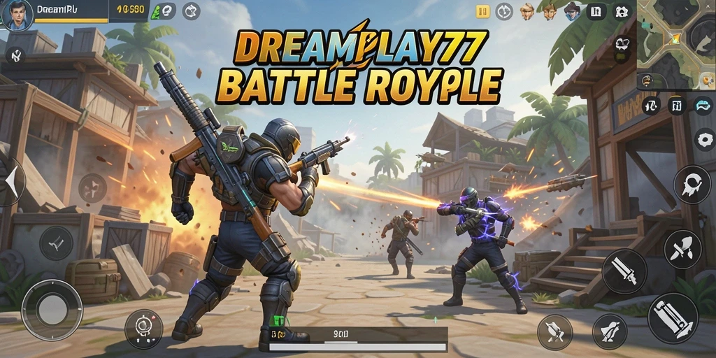 Gameplay mendebarkan <strong>DREAMPLAY77</strong> dengan aksi pertarungan Battle Royale.