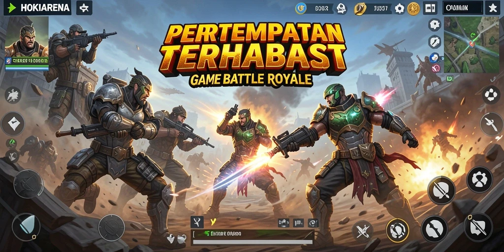 Tangkapan layar utama HOKIARENA menampilkan aksi pertempuran intens Battle Royale.