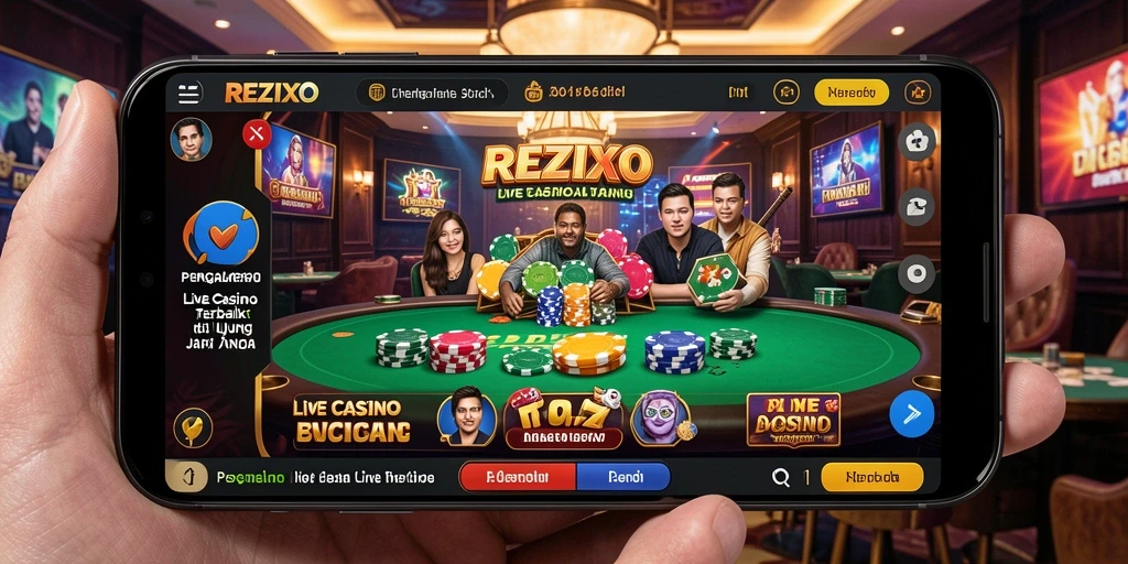 Screenshot gameplay <strong>REZIXO</strong> menampilkan dealer langsung dan suasana kasino yang autentik.