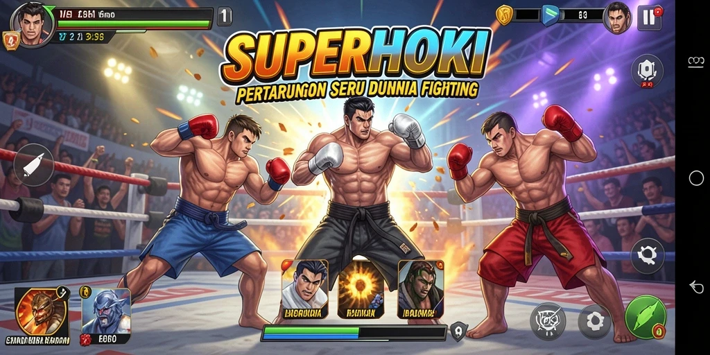 Tampilan gameplay seru dengan pertarungan intens di SUPERHOKI.