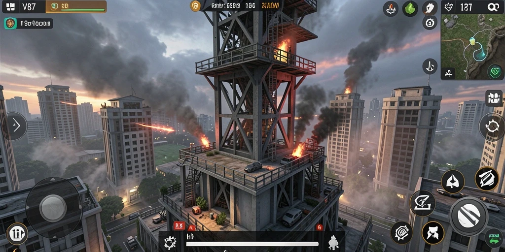 Screenshot gameplay V87 yang menunjukkan menara bertahan dari serangan musuh.